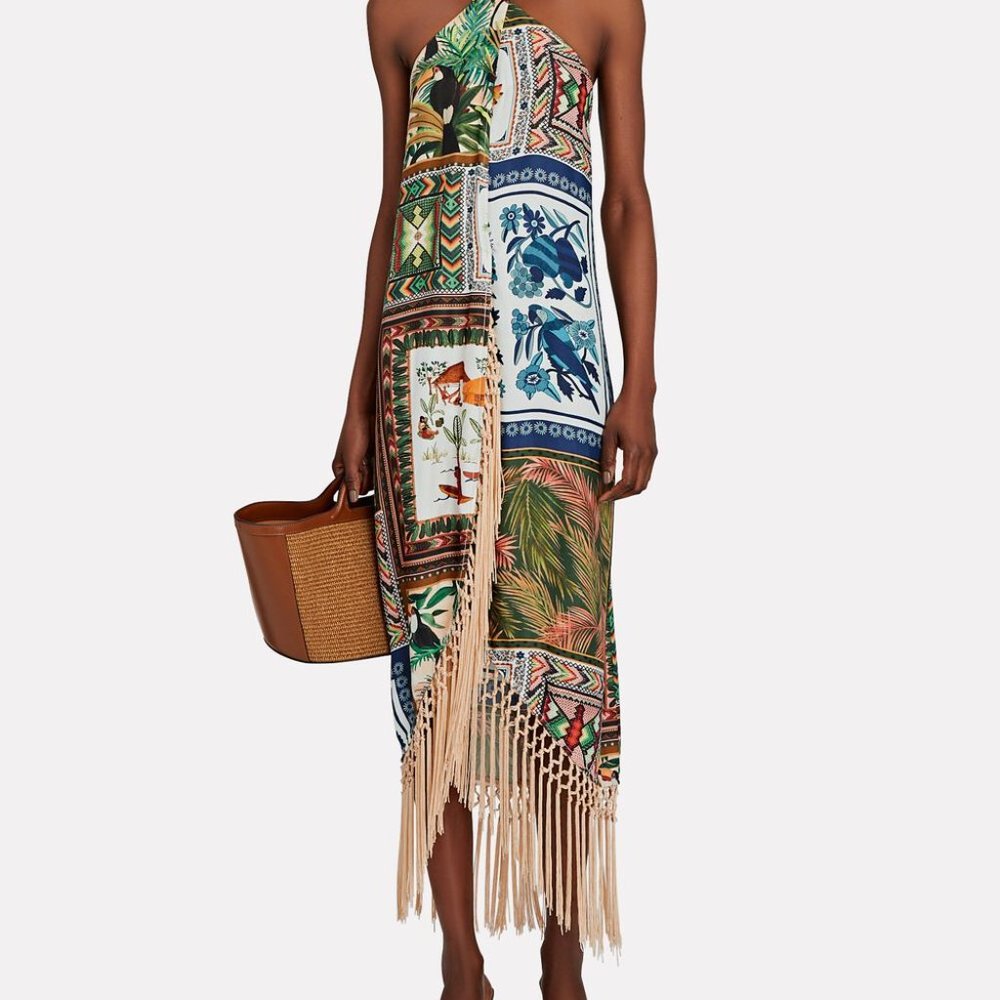 NWT Farm Rio Fringed Scarf Halter Maxi Dress